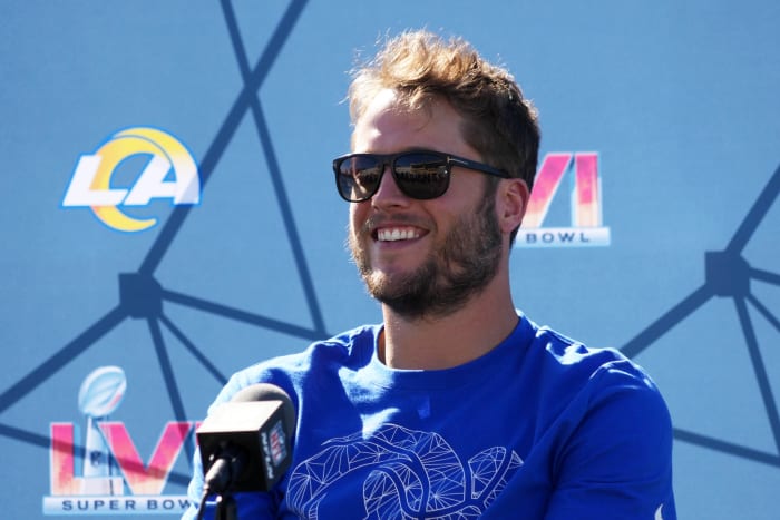 Feb 11, 2022; Thousand Oaks, CA, USA; Los Angeles Rams quarterback Matthew Stafford during press conference at Cal Lutheran University. Mandatory Credit: Kirby Lee-USA TODAY